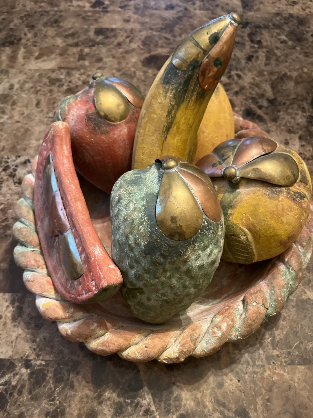 Vintage Mexican Terracotta Fruit Bowl Brass Accent - photo 4
