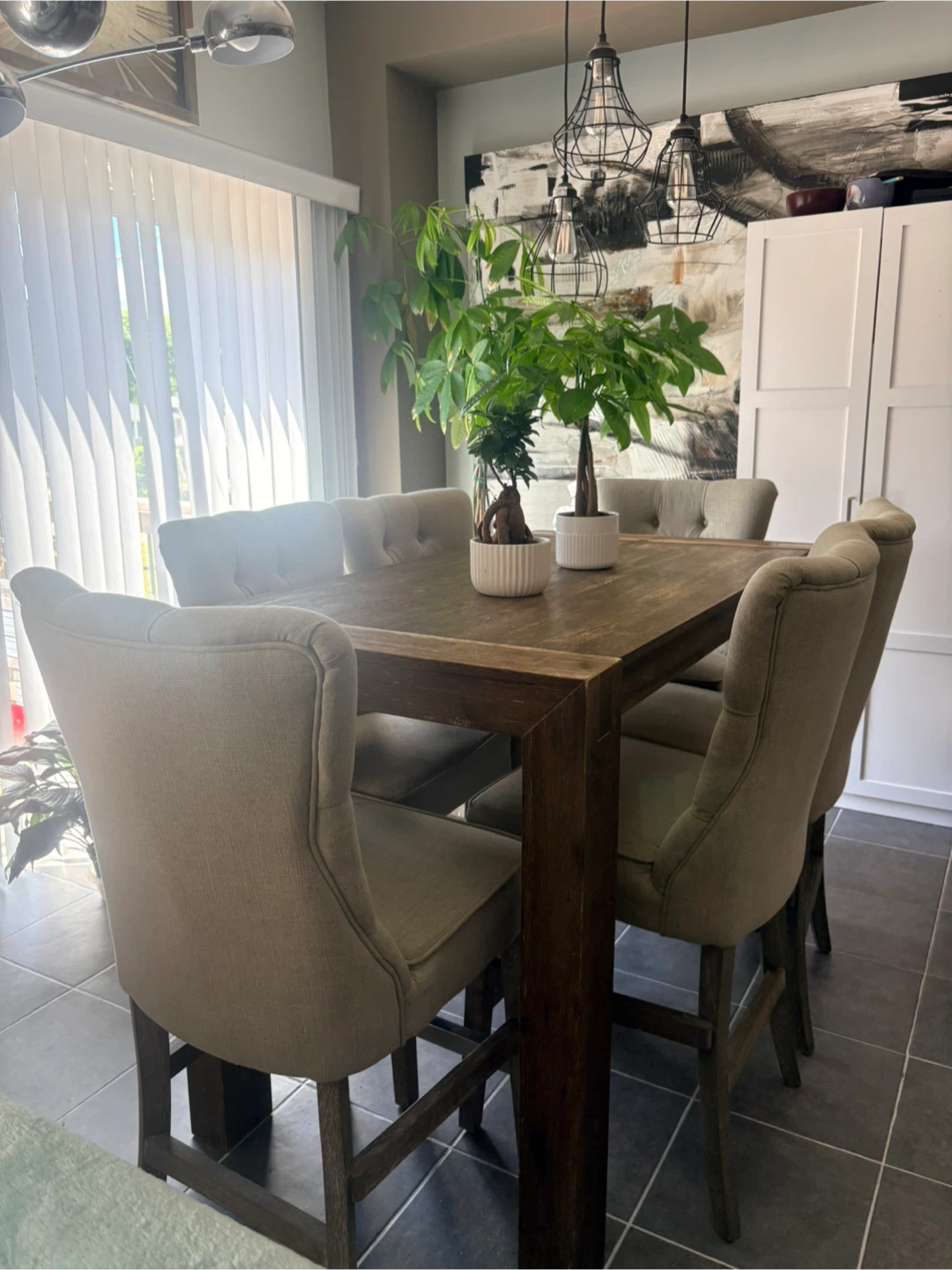 Rustic Wood Dining Table with 6 Tufted Chairs