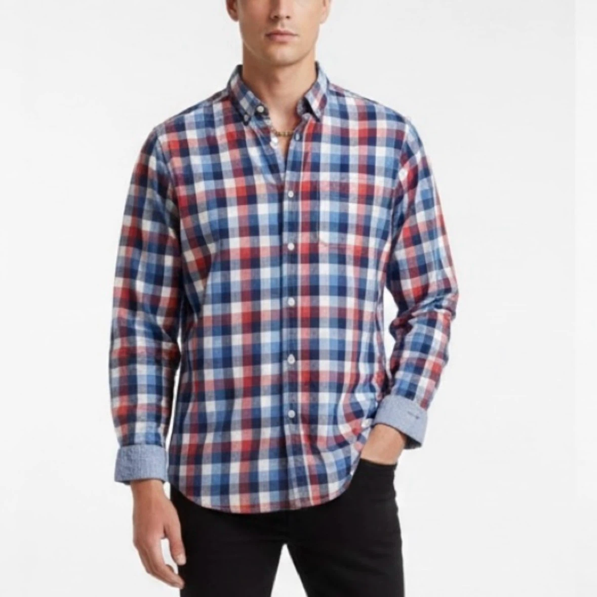 Sfera Men Long Sleeve Button Up Plaid Check Shirt Contrast Cuffs