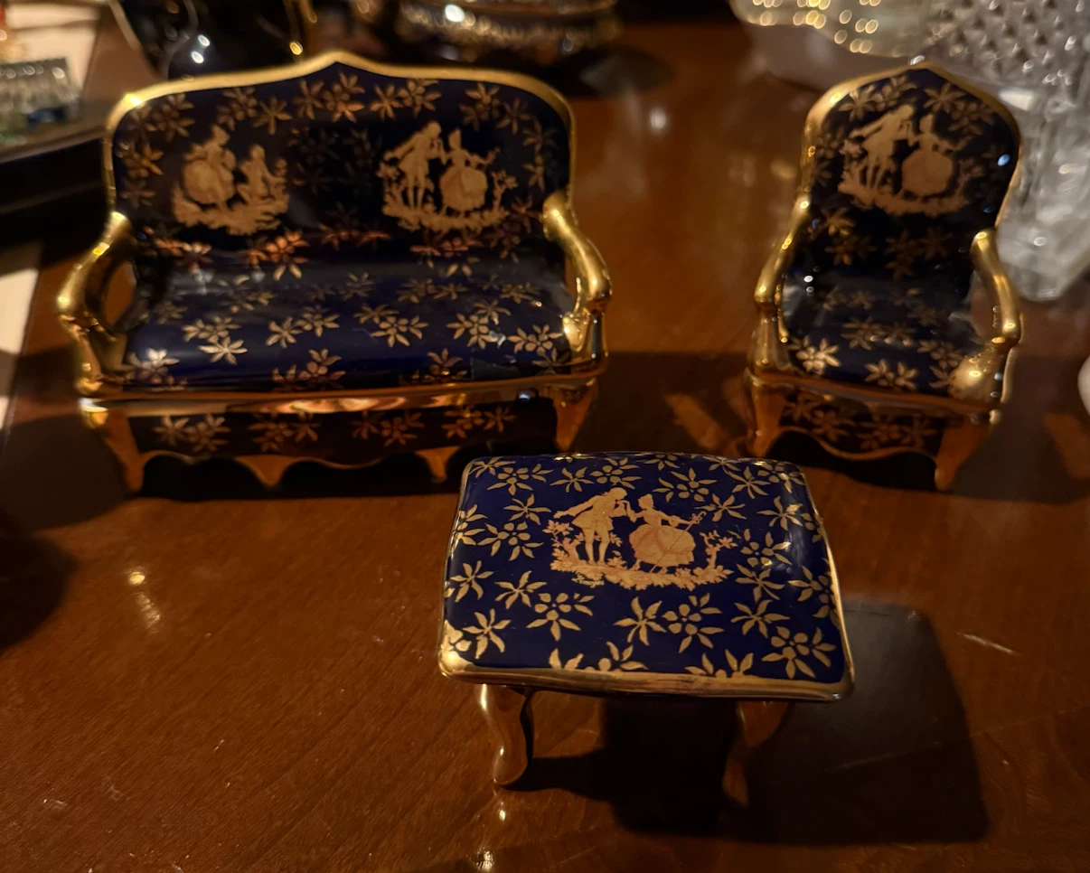 Vintage Limoges Porcelain Miniature Sofa Chair and Table Set