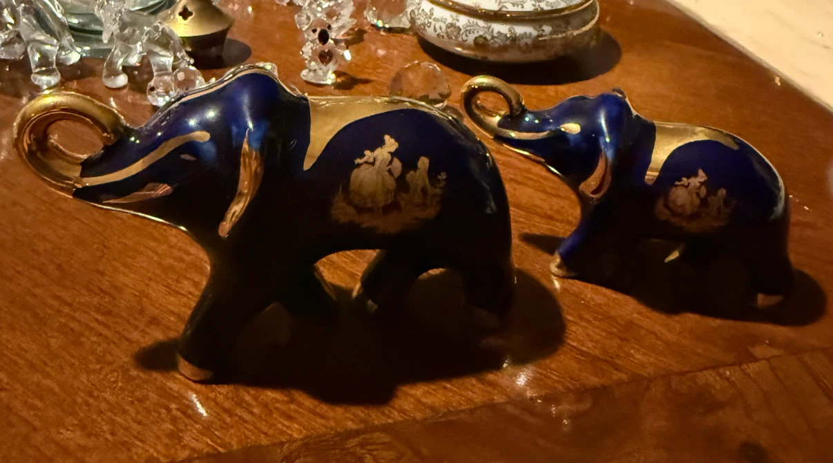 Two Vintage  Limoges Cobalt Blue and Gold Elephant Figurines