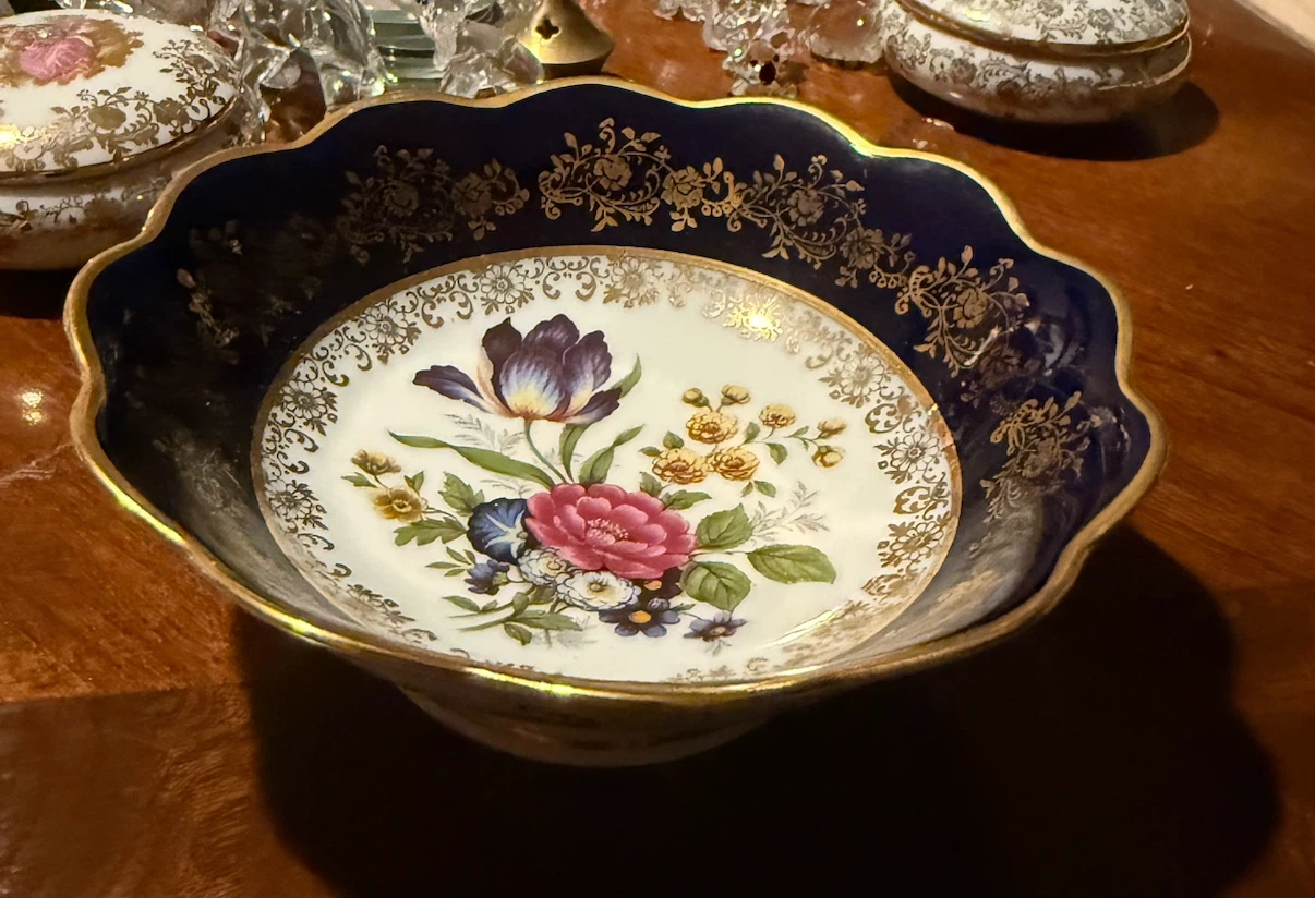 Vintage  Limoges Cobalt Blue and Floral Porcelain Bowl