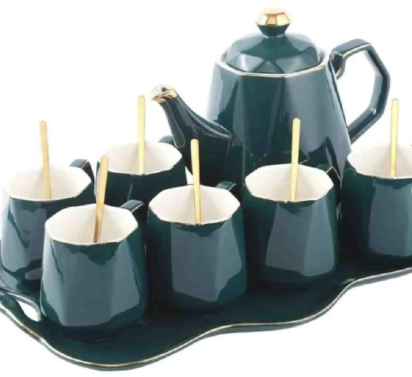 Dark Green Ceramic Tea Set with Gold Accents