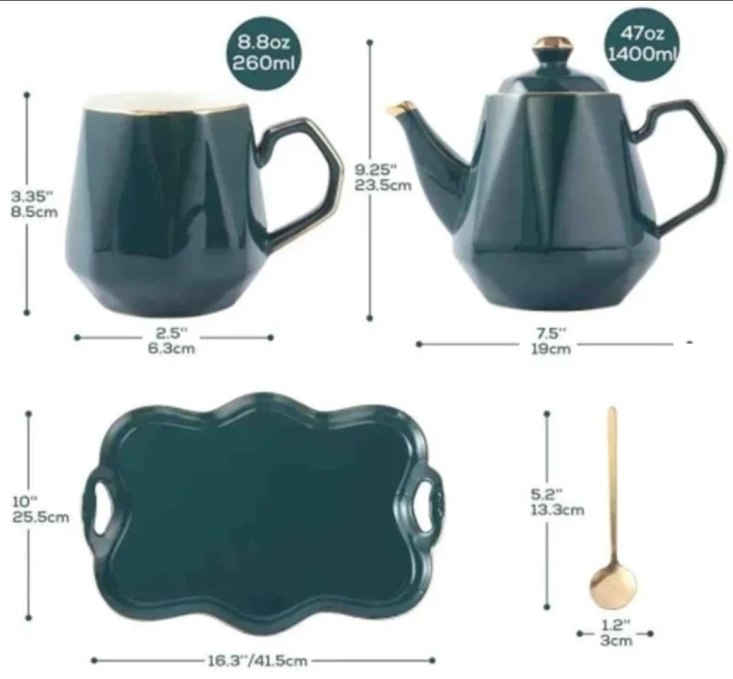 Dark Green Ceramic Tea Set with Gold Accents - photo 2