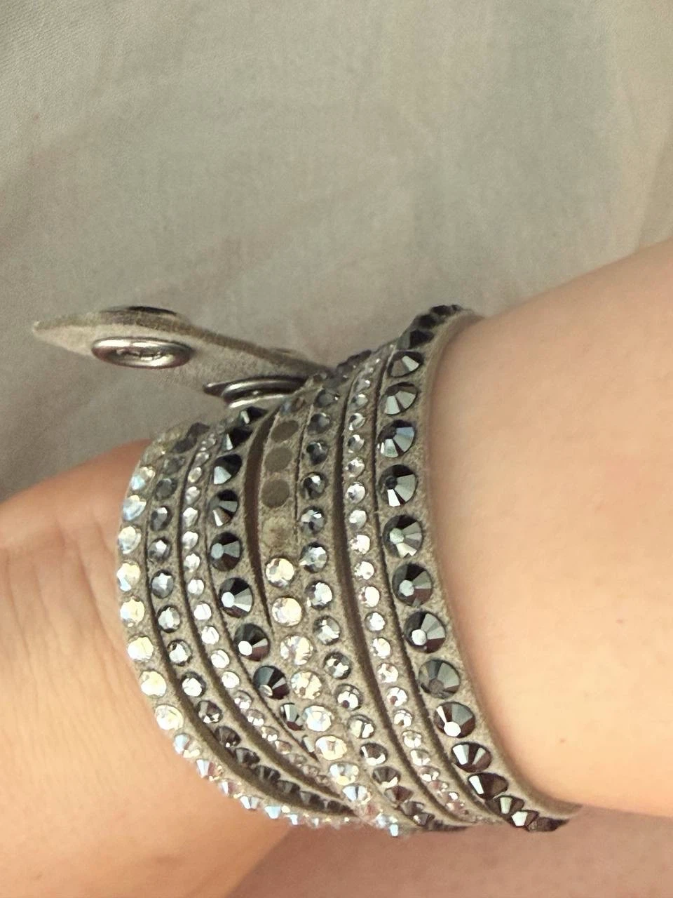 Grey Leather Wrap Bracelet with Crystals, Swarovski - photo 4
