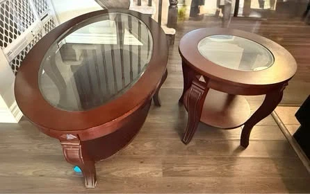Wooden Coffee Table + Matching Side Table Set – Glass Top