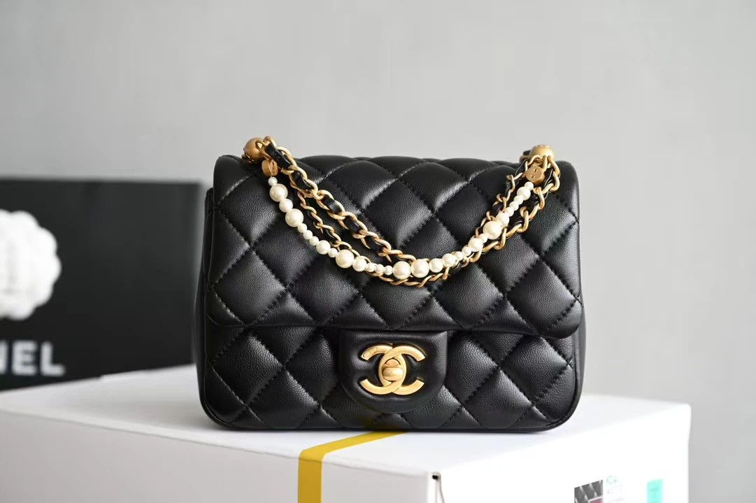 Black Quilted Flap Bag with Pearl Chain