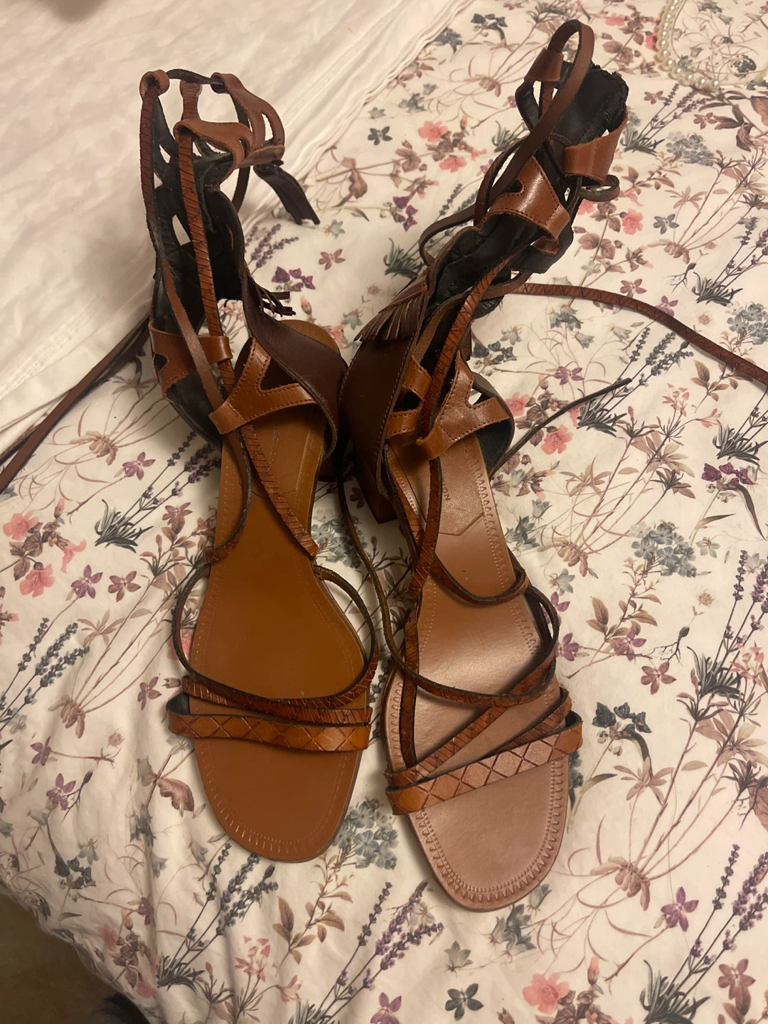 Brown Leather Lace-Up Sandals