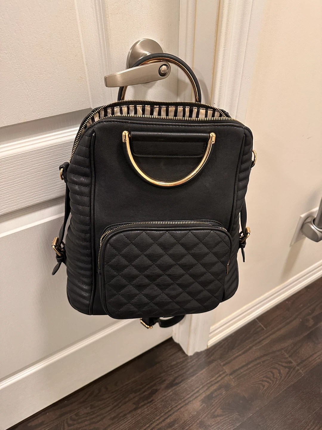 Black Quilted Backpack with Gold Hardware