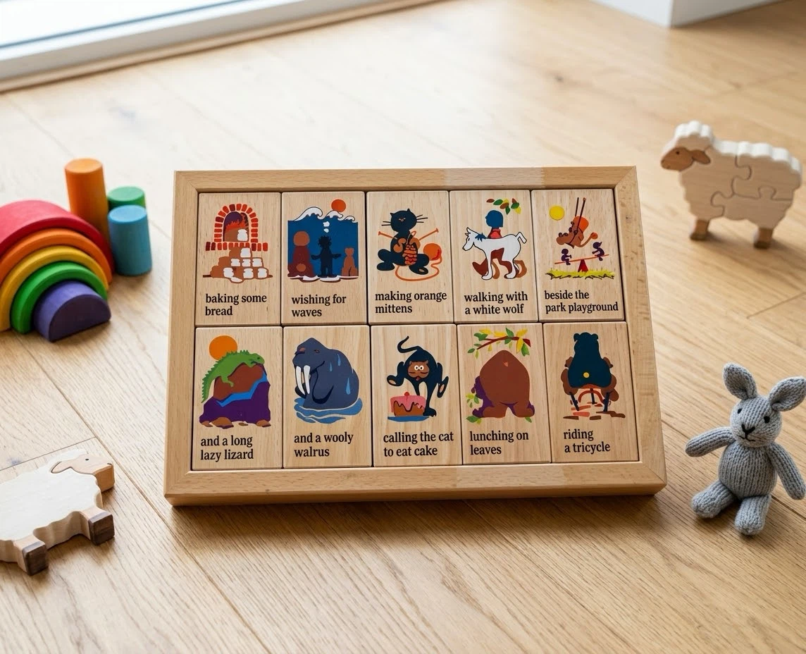 VTG 1992 Wooden Story Blocks Educational Toy Set w/ Tray