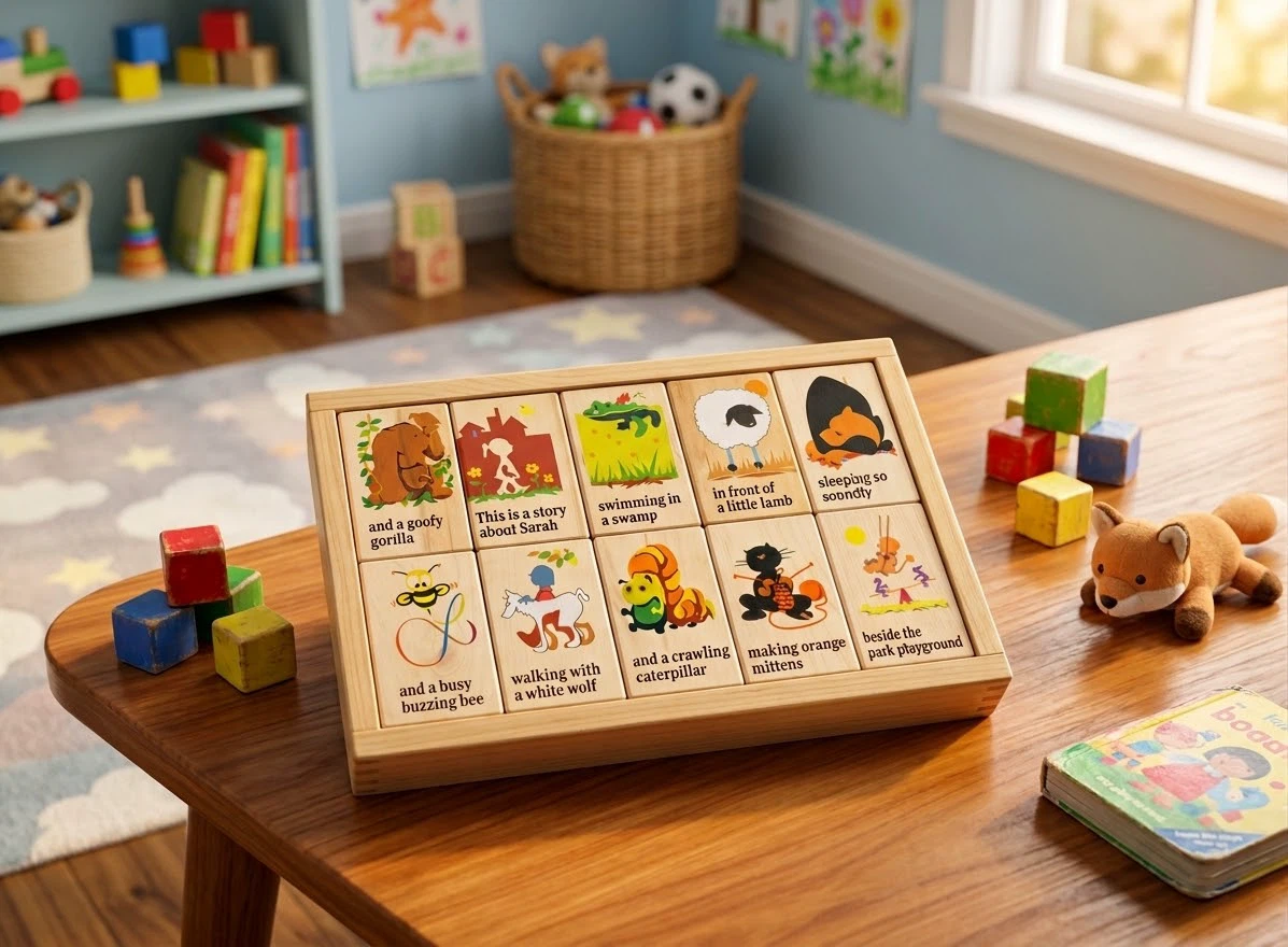 VTG 1992 Wooden Story Blocks Educational Toy Set w/ Tray - photo 2