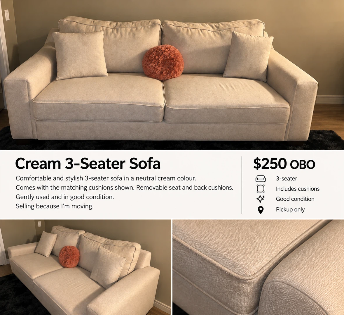 Cream/Beige 3-Seater Sofa – Great Condition