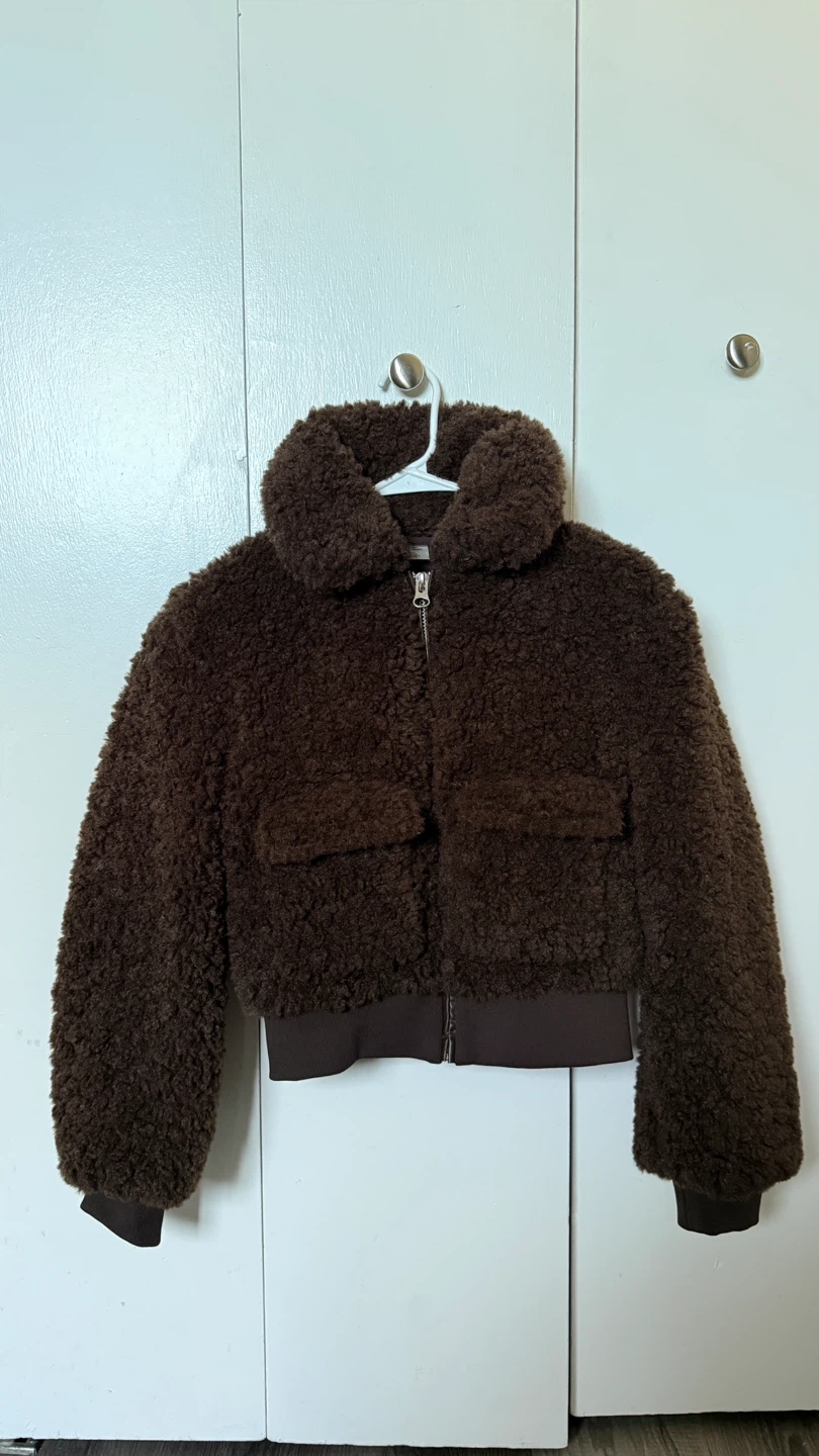 Size XS Fluffy Teddy Faux Fur Bomber Jacket – Dark Brown - photo 4