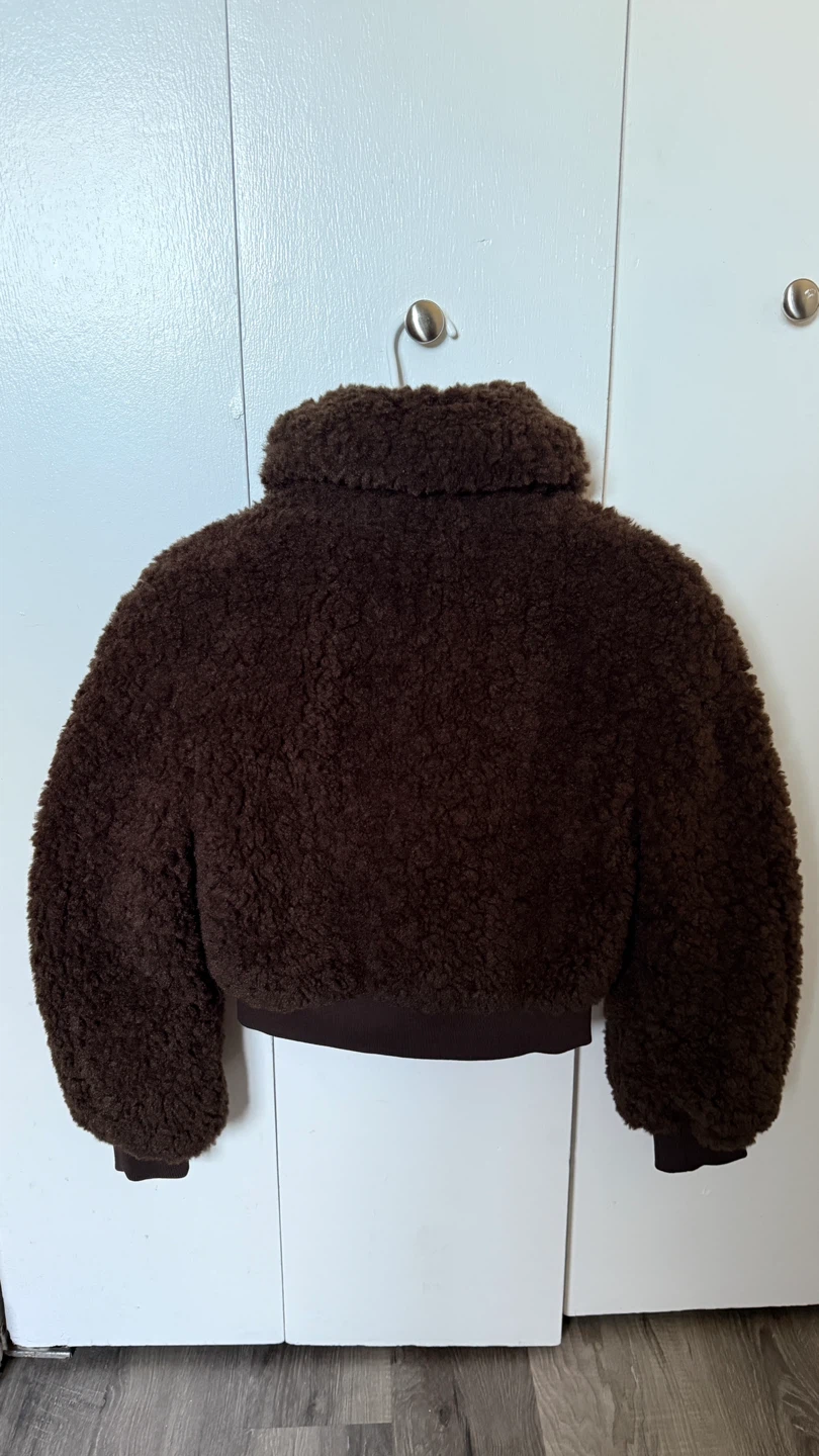Size XS Fluffy Teddy Faux Fur Bomber Jacket – Dark Brown - photo 5