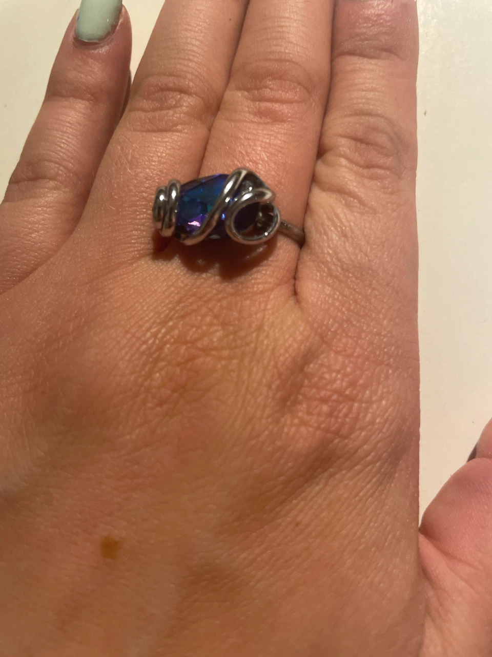 Blue Crystal Wire Wrapped Adjustable Ring