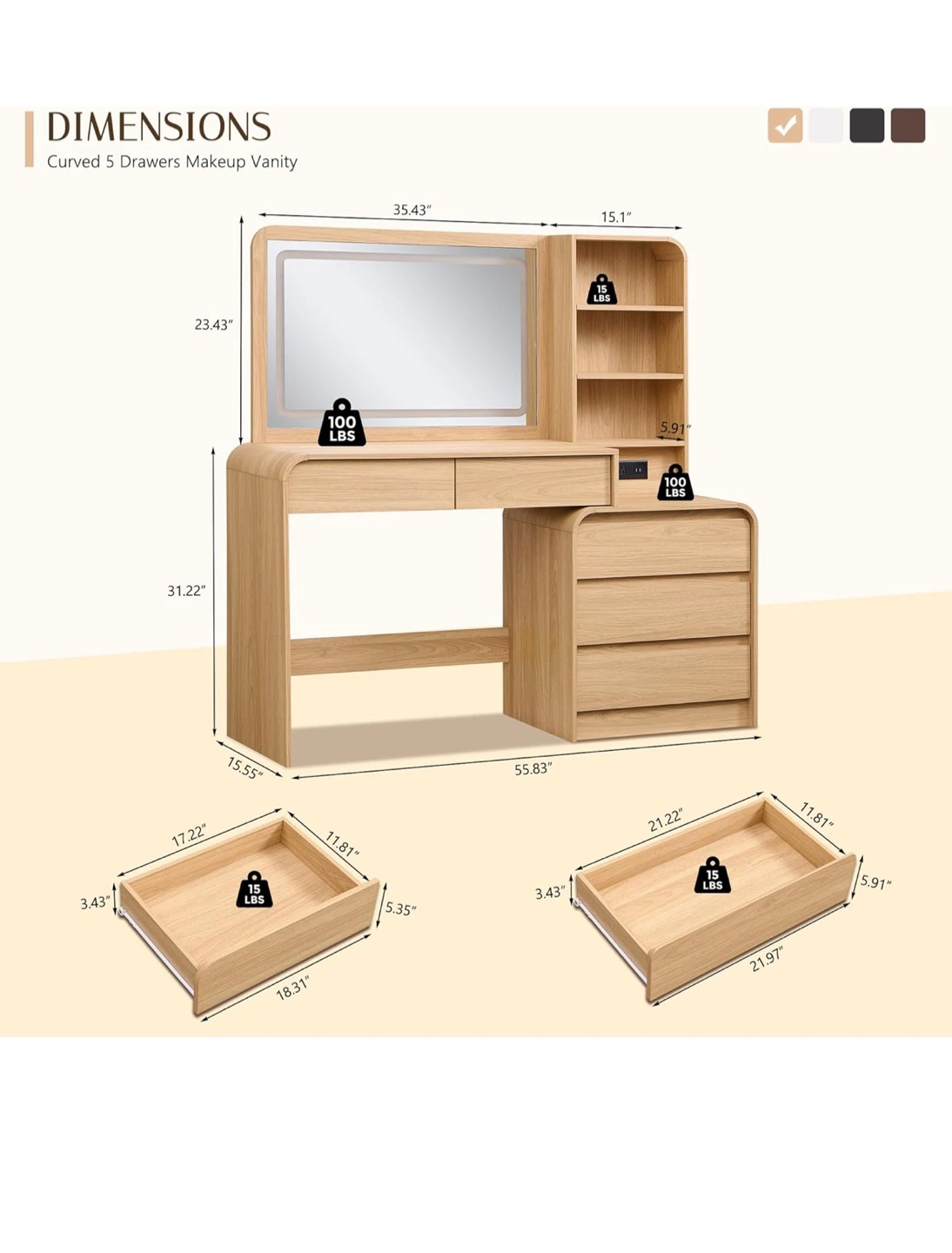 Curved 5-Drawer Makeup Vanity NO Mirror