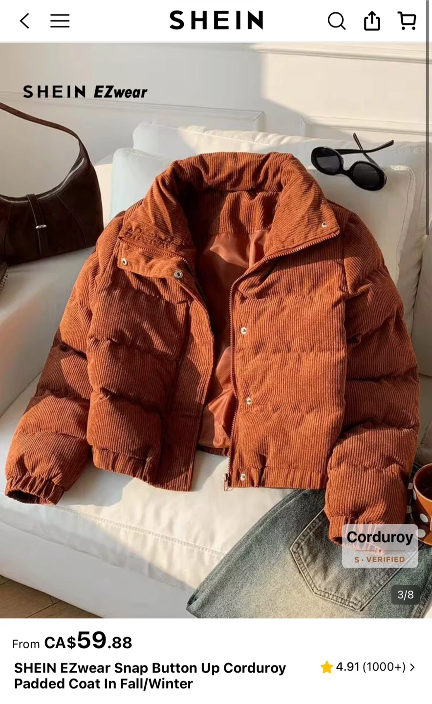 SHEIN EZwear Brown Corduroy Puffer Coat