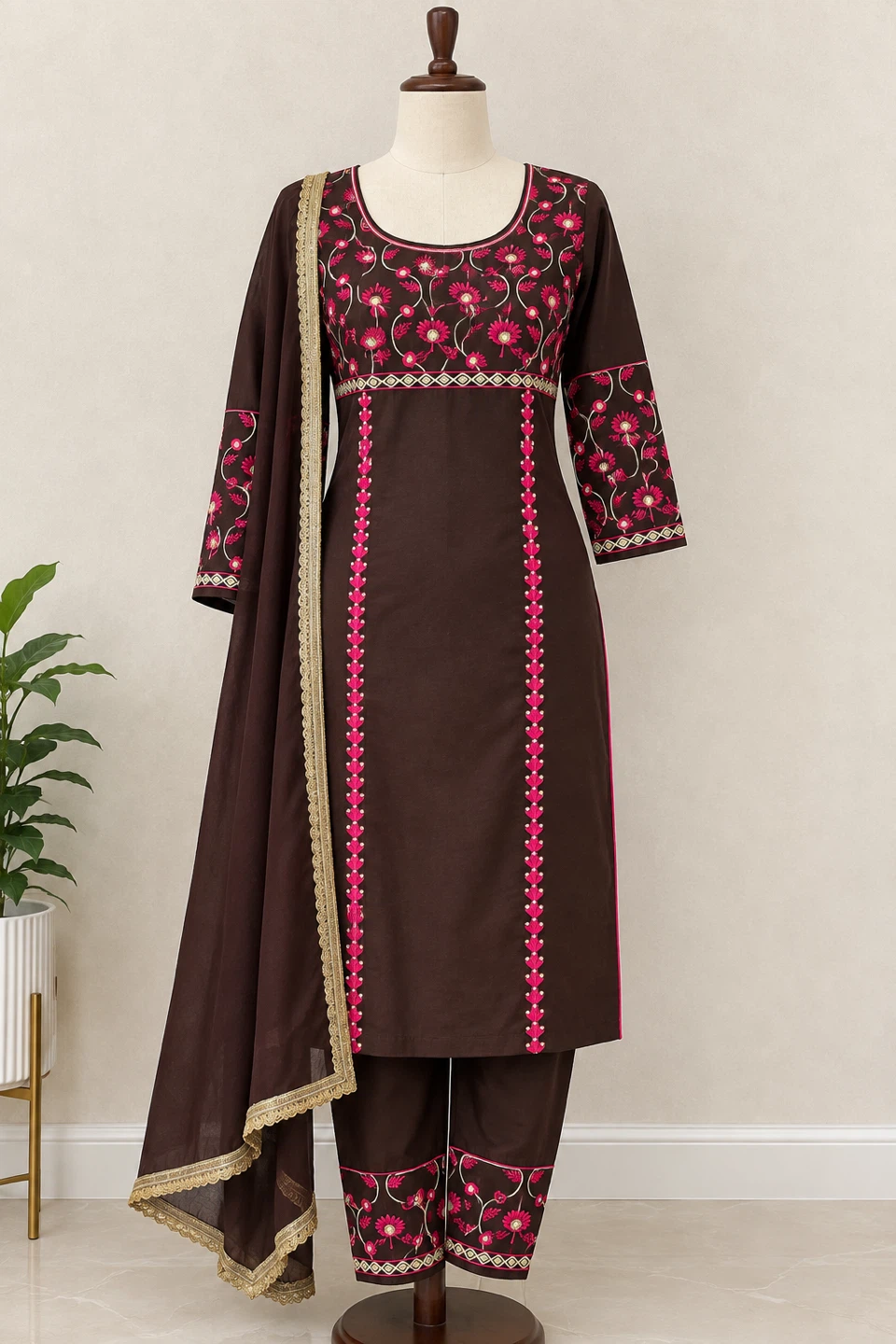 Brown and Pink Embroidered Salwar Suit Set