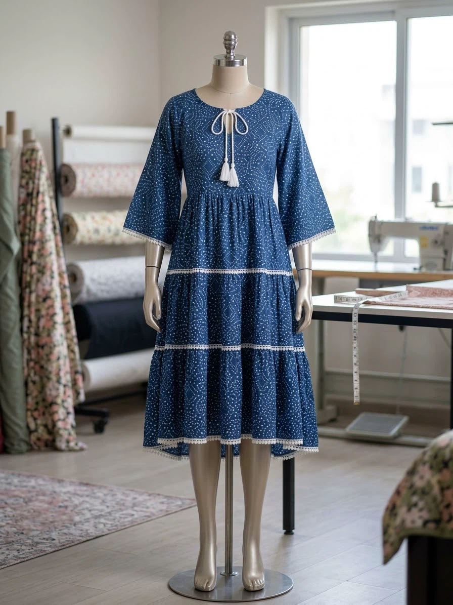 Blue Patterned Tiered Dress with Tassels