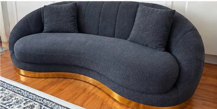 Curved Navy Bouclé Sofa with Gold Base - photo 4