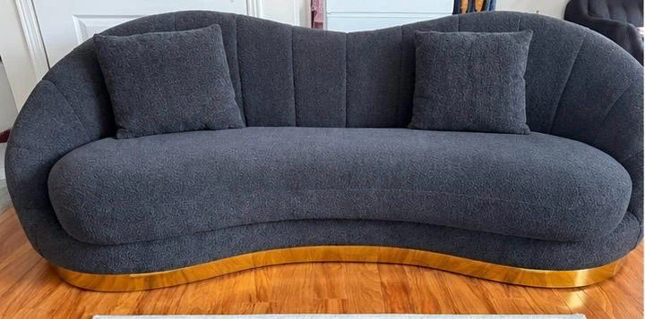 Curved Navy Bouclé Sofa with Gold Base - photo 5