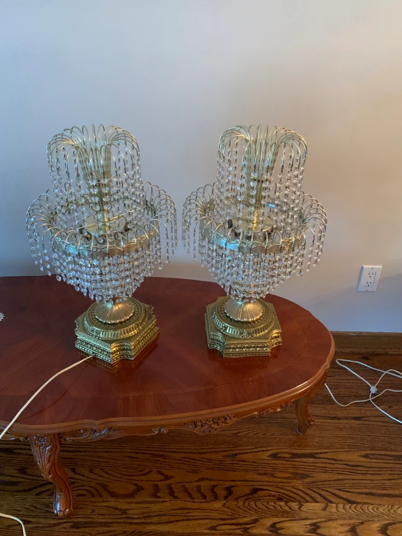 Vintage Brass Crystal Table Lamps - Pair