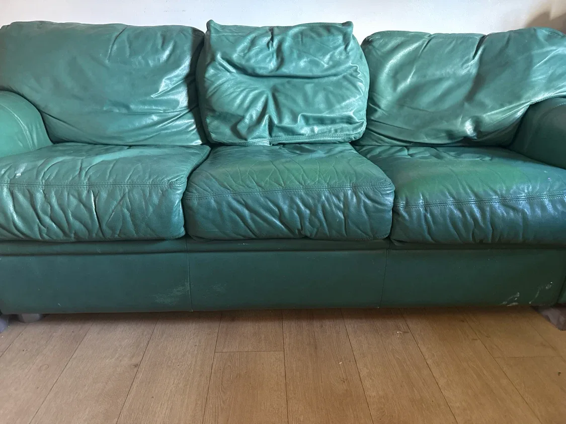 Green Leather Three-Seater Sofa