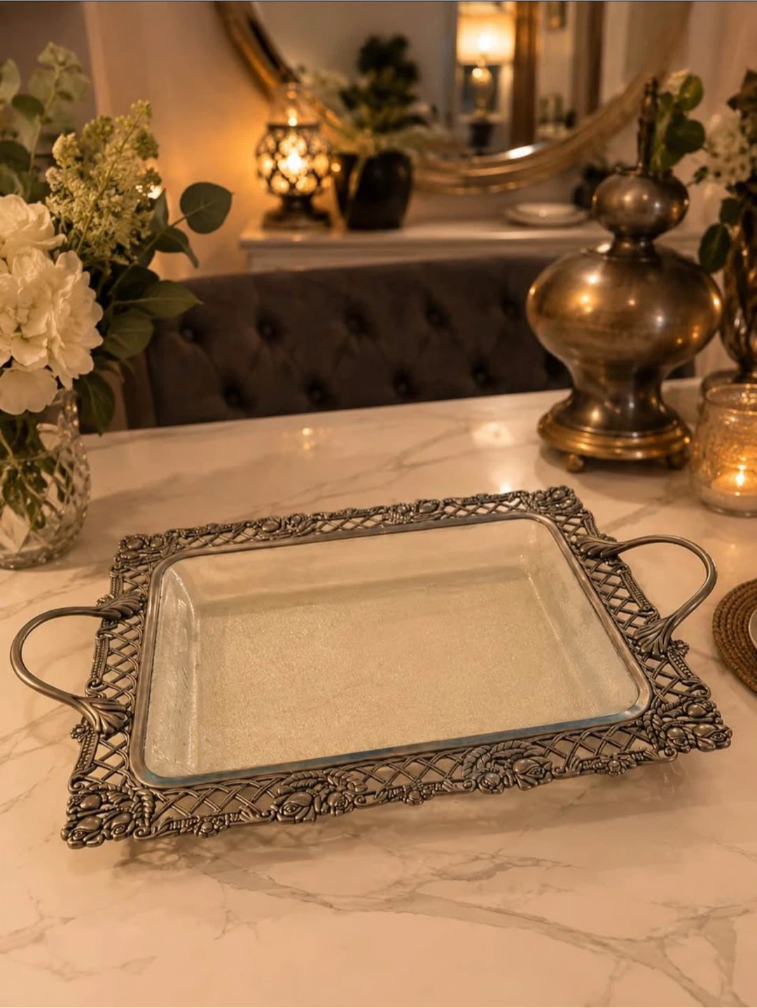 Vintage style ornate metal serving tray