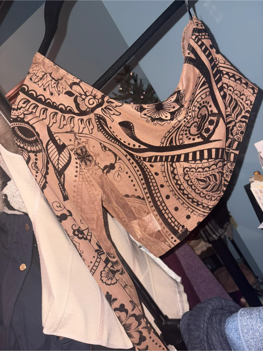 Tan and Black Paisley Mesh Long Sleeve Crop Top