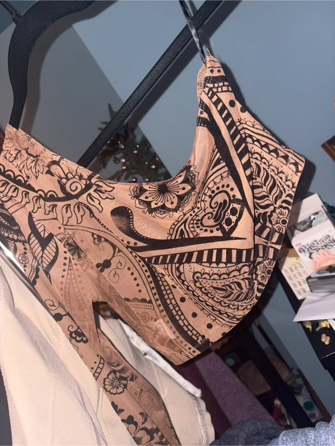 Tan and Black Paisley Mesh Long Sleeve Crop Top - photo 2