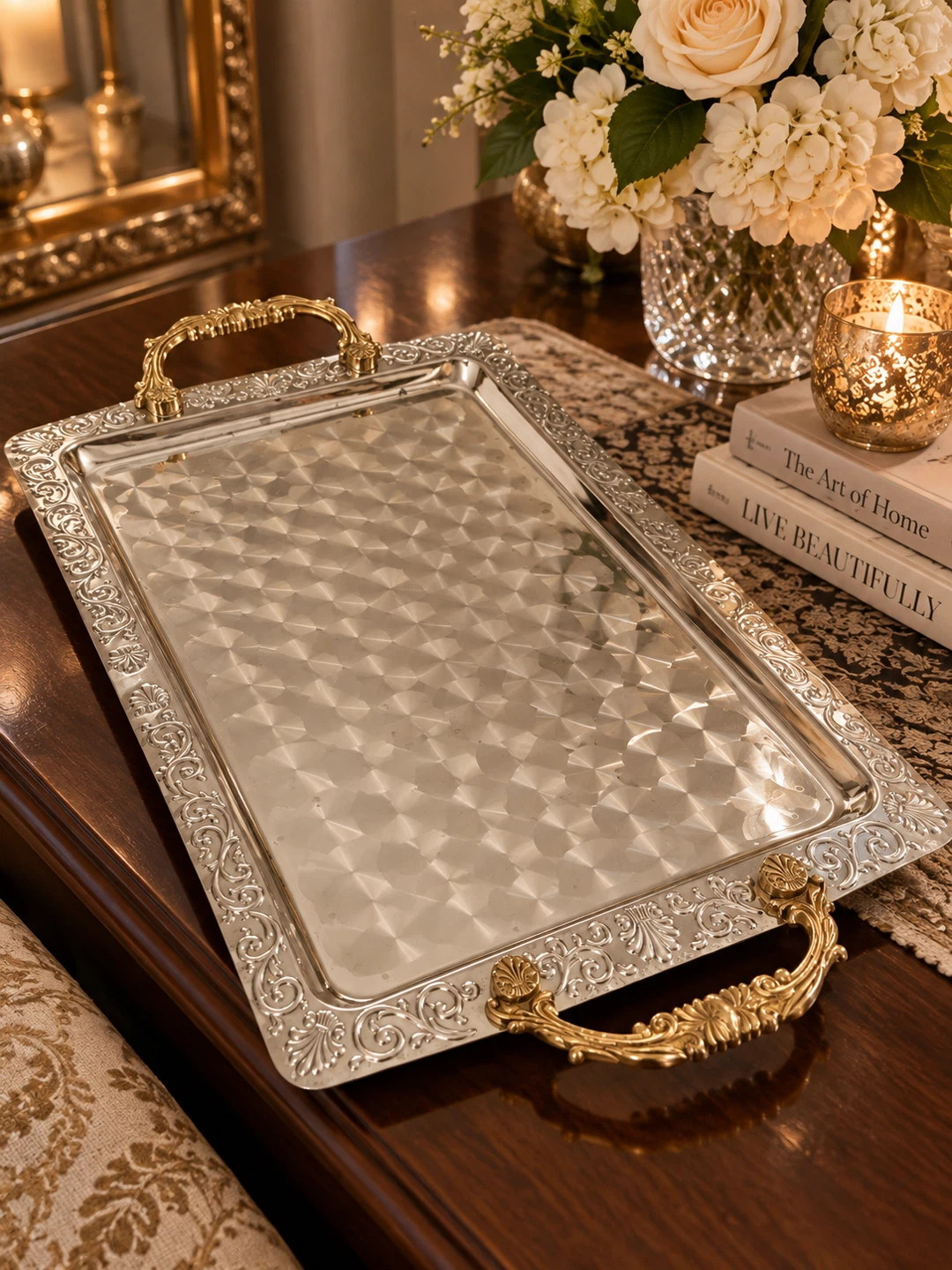 Ornate Silver Serving Tray with Gold Handles