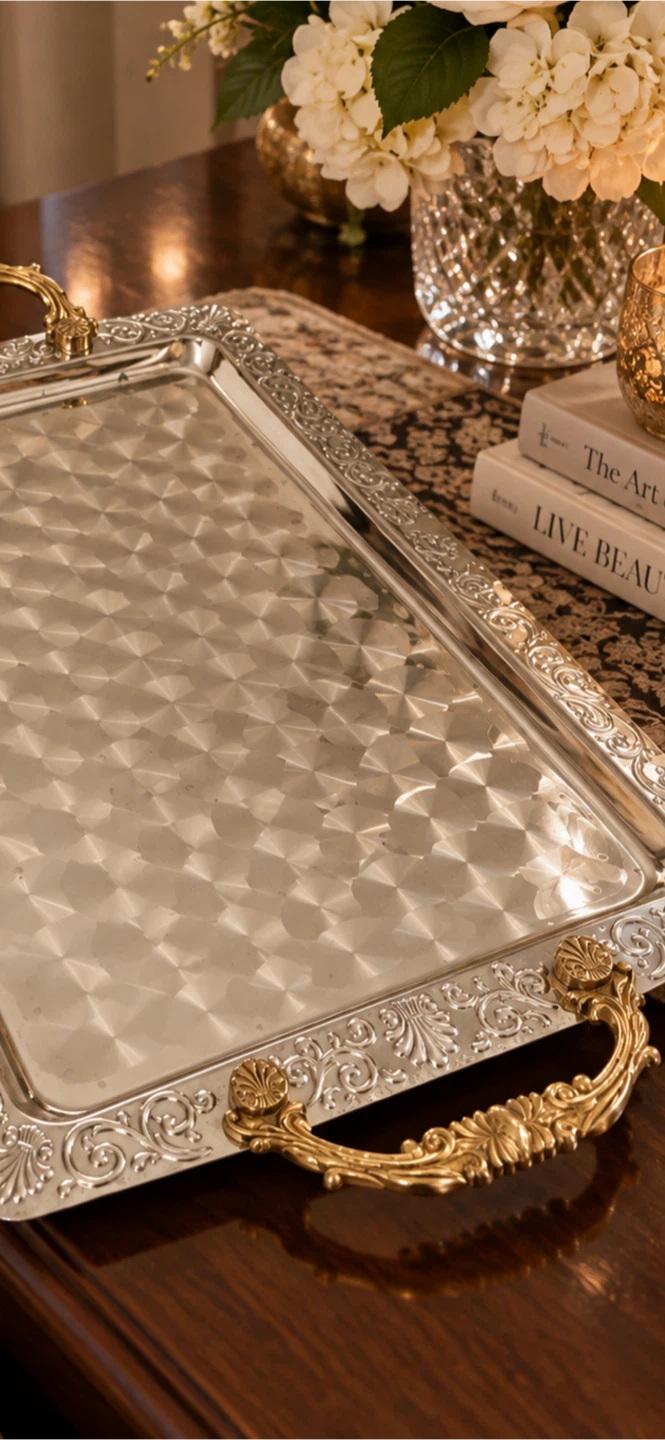 Ornate Silver Serving Tray with Gold Handles - photo 2
