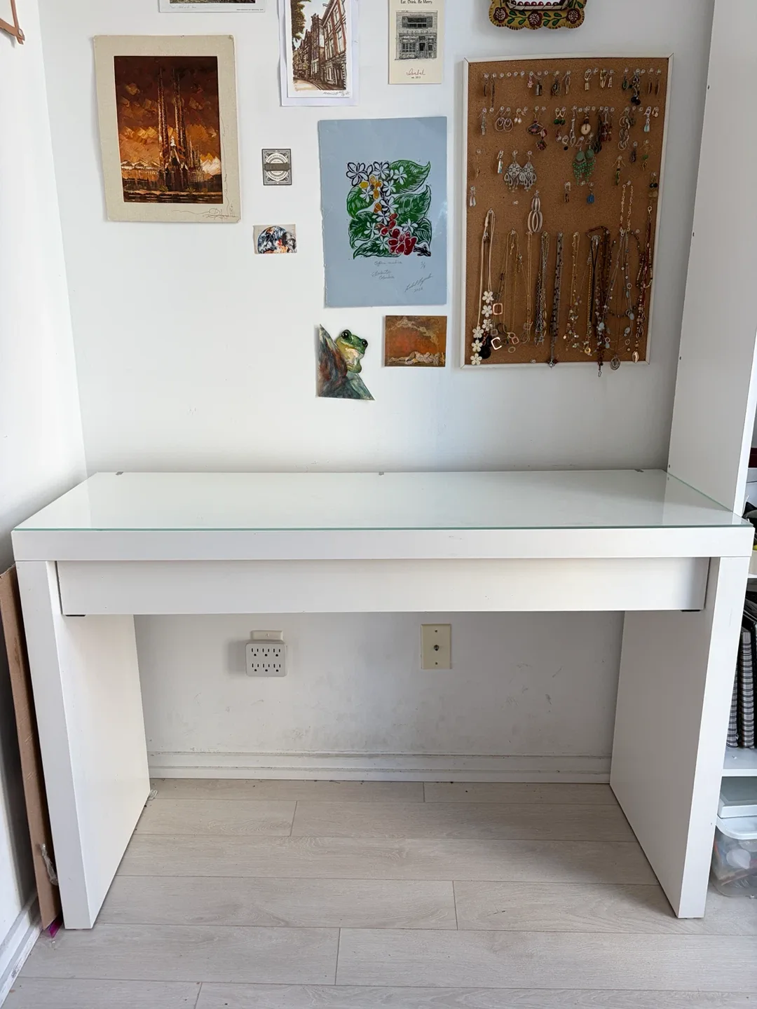 IKEA white desk / vanity with glass top