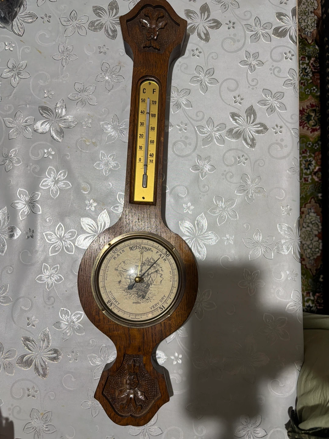 Vintage Fischer Wooden Wall Barometer and Thermometer