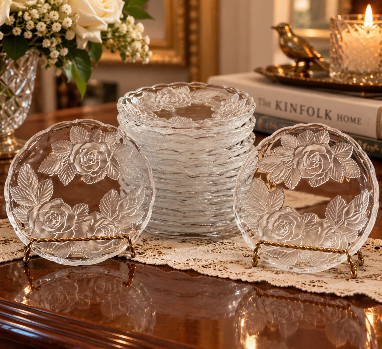 Price for each. Set of 12 Embossed Rose Glass Dessert