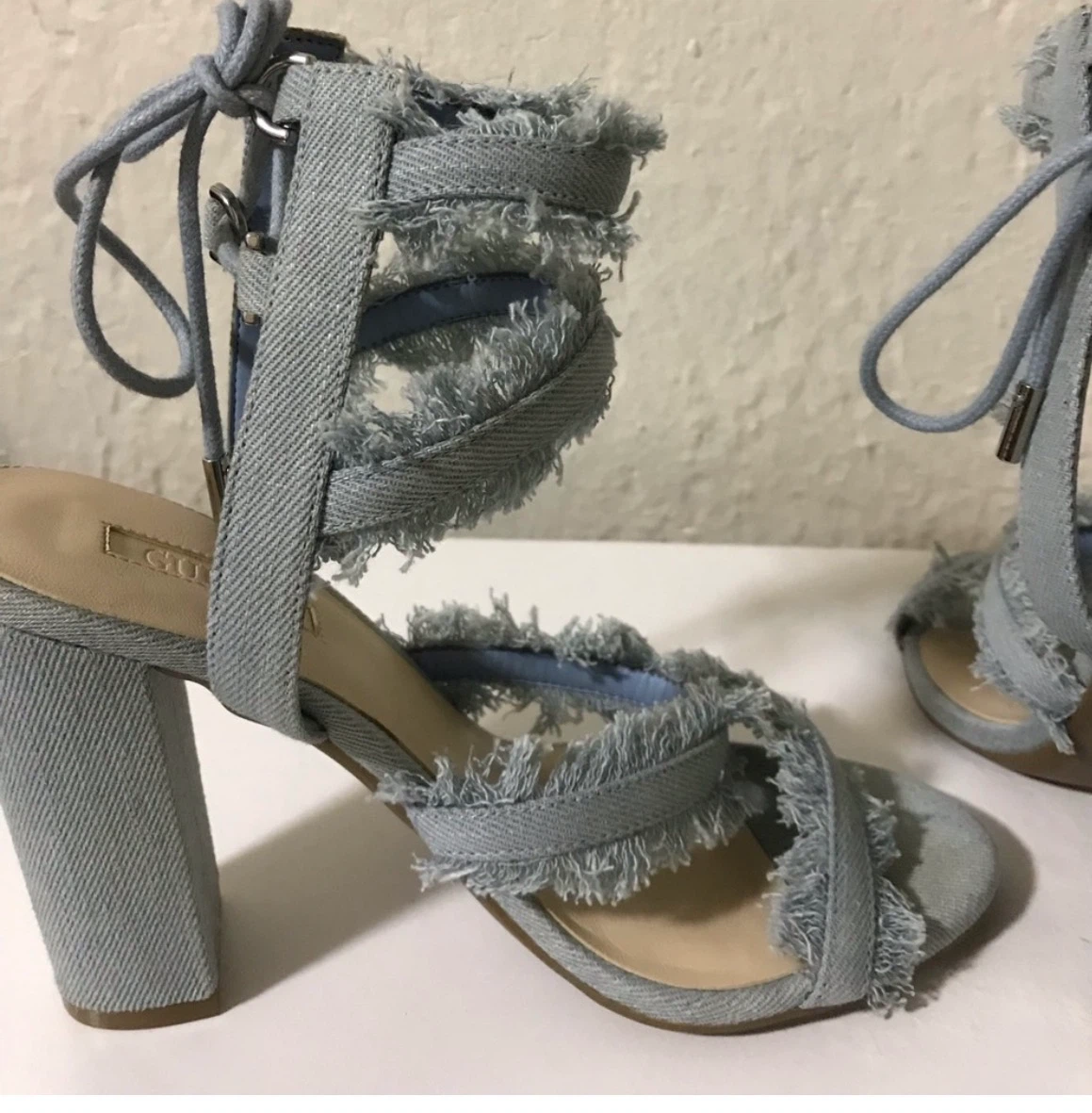GUESS Denim Lace-Up Block Heel Sandals