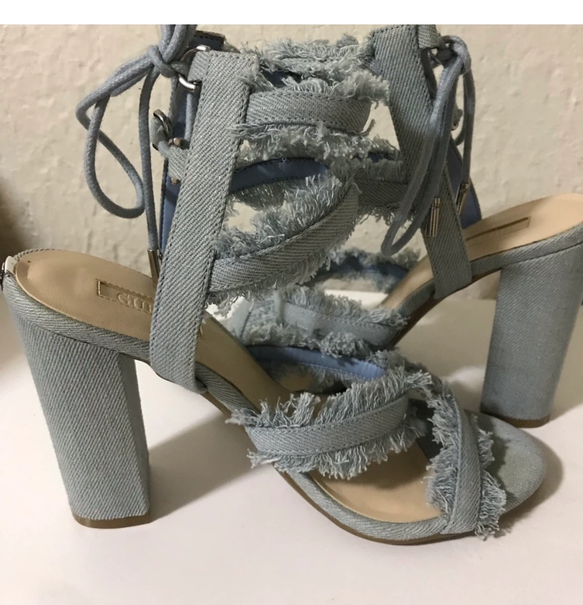 GUESS Denim Lace-Up Block Heel Sandals - photo 3