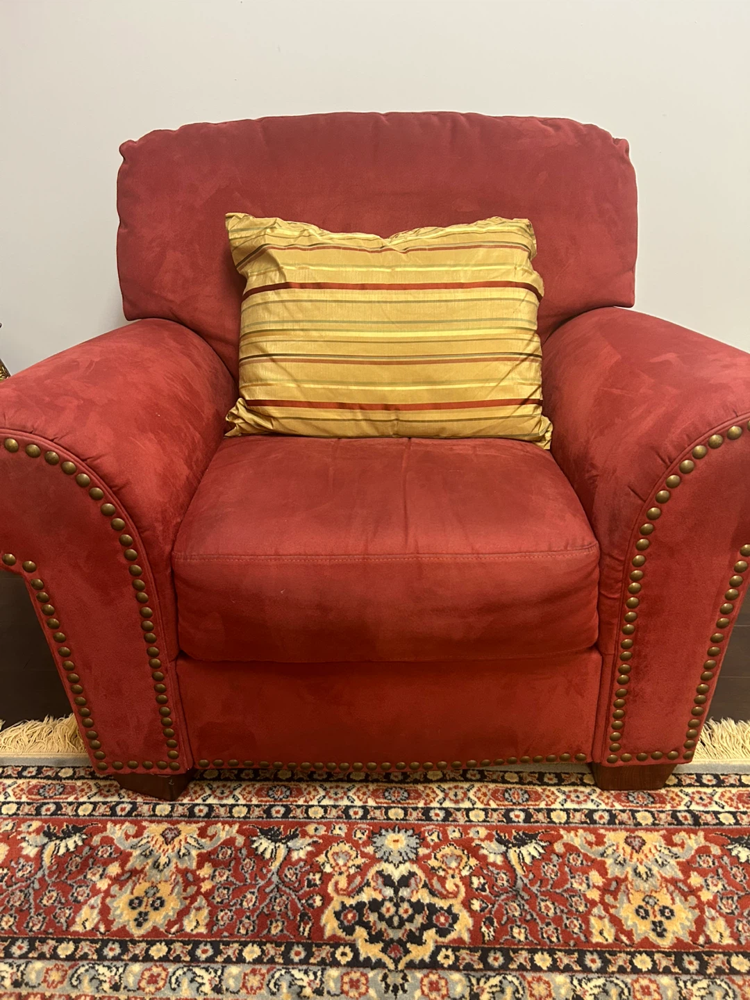 Red Suede Armchair with Nailhead Trim