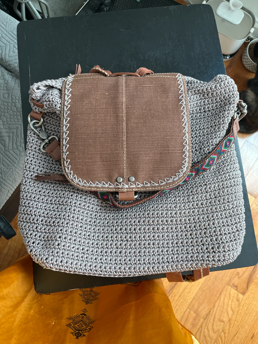 Crochet Backpack with Brown Flap