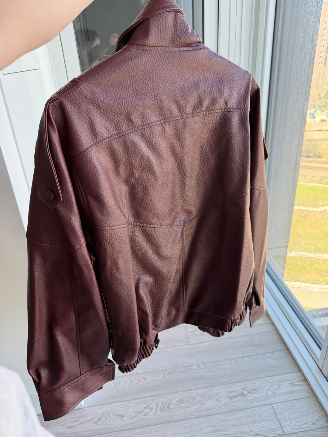 Burgundy Maroon Faux Leather Jacket,Size:L,brand New - photo 3