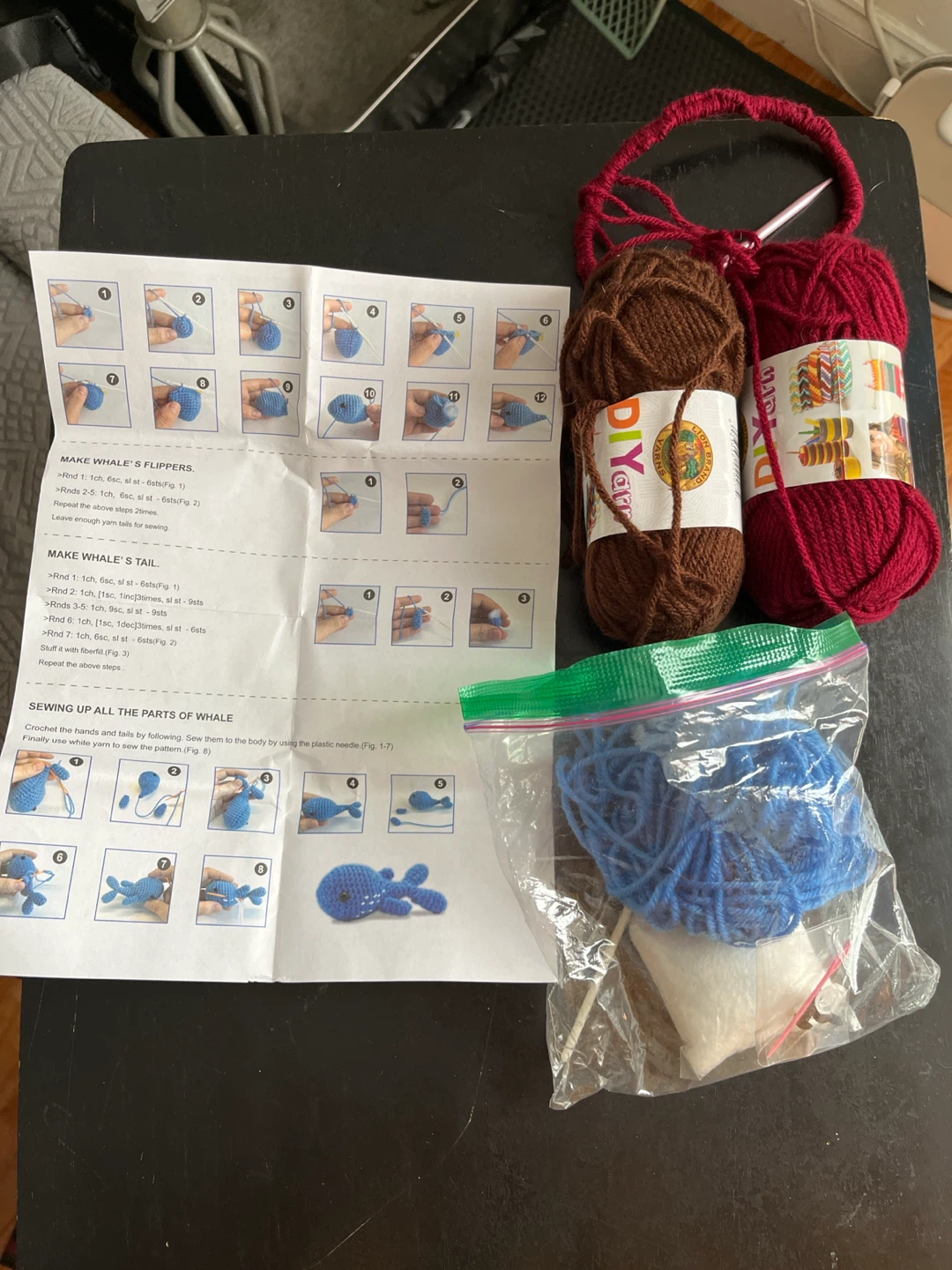 DIY Whale Crochet Kit + extra yarn in brown and red