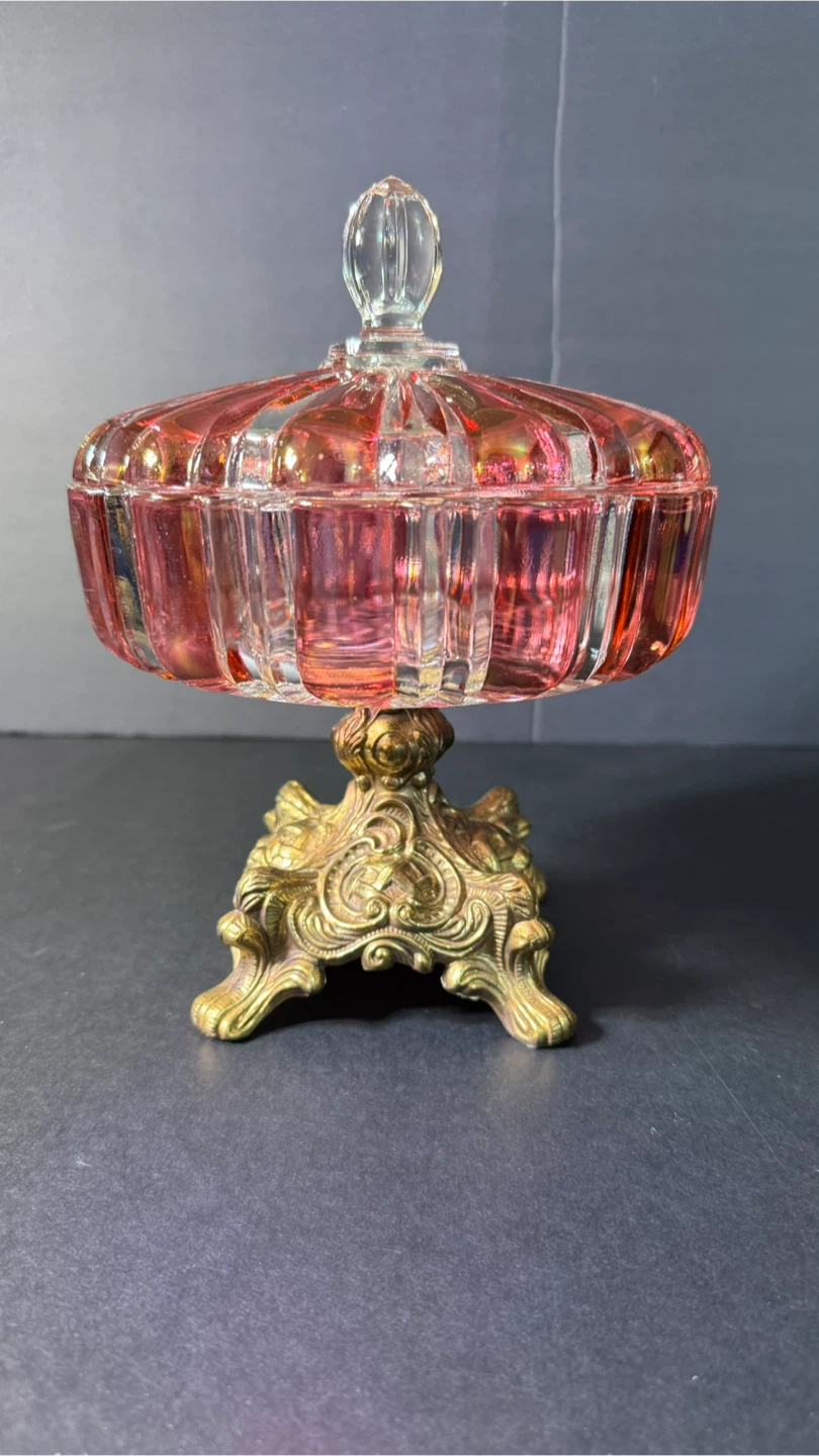 Vintage Iridescent Pink Glass Candy Dish with Brass Base