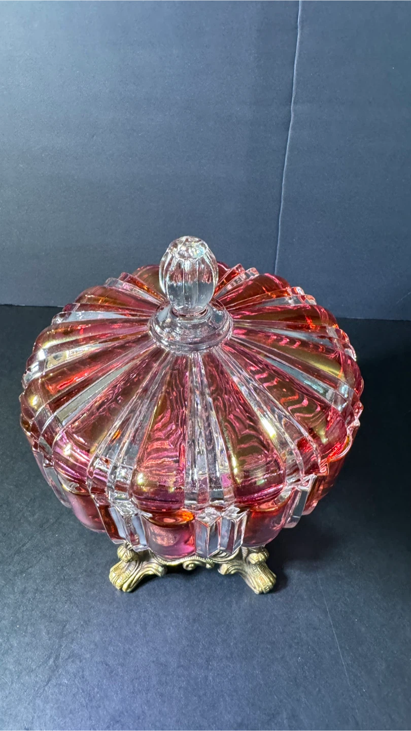 Vintage Iridescent Pink Glass Candy Dish with Brass Base - photo 2