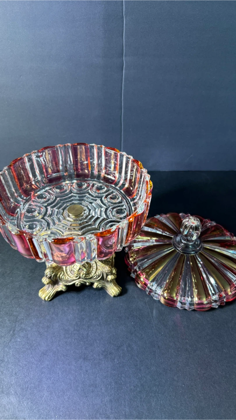 Vintage Iridescent Pink Glass Candy Dish with Brass Base - photo 3