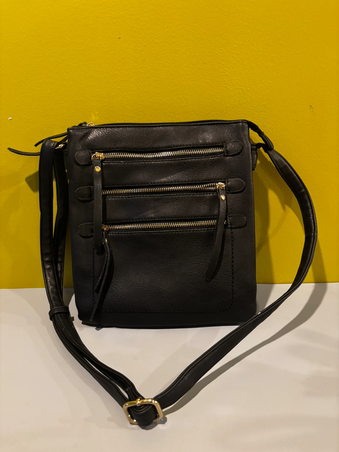 Black Crossbody Bag with Three Zipper Pockets