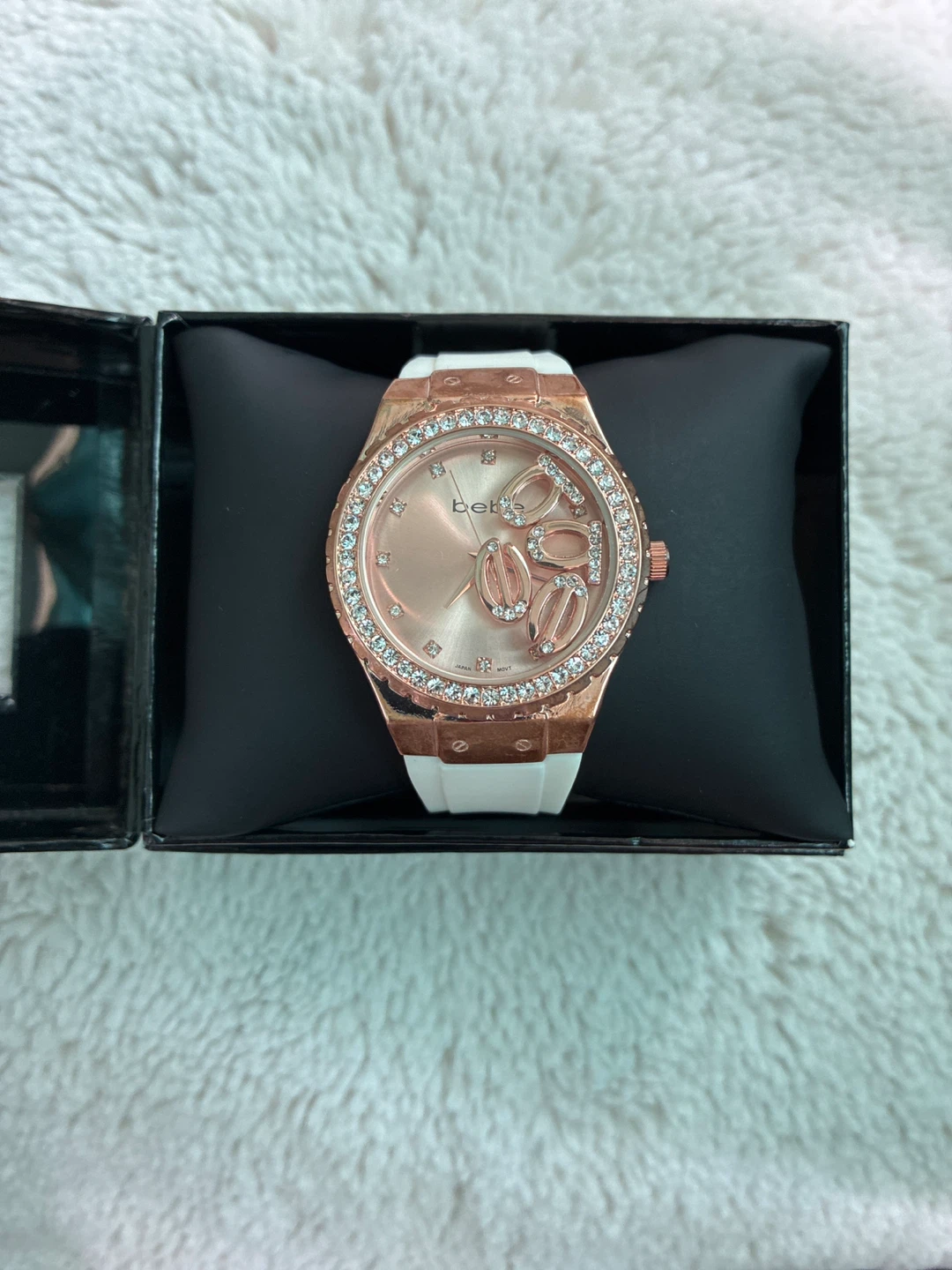 bebe Rose Gold-Tone Watch with White Strap