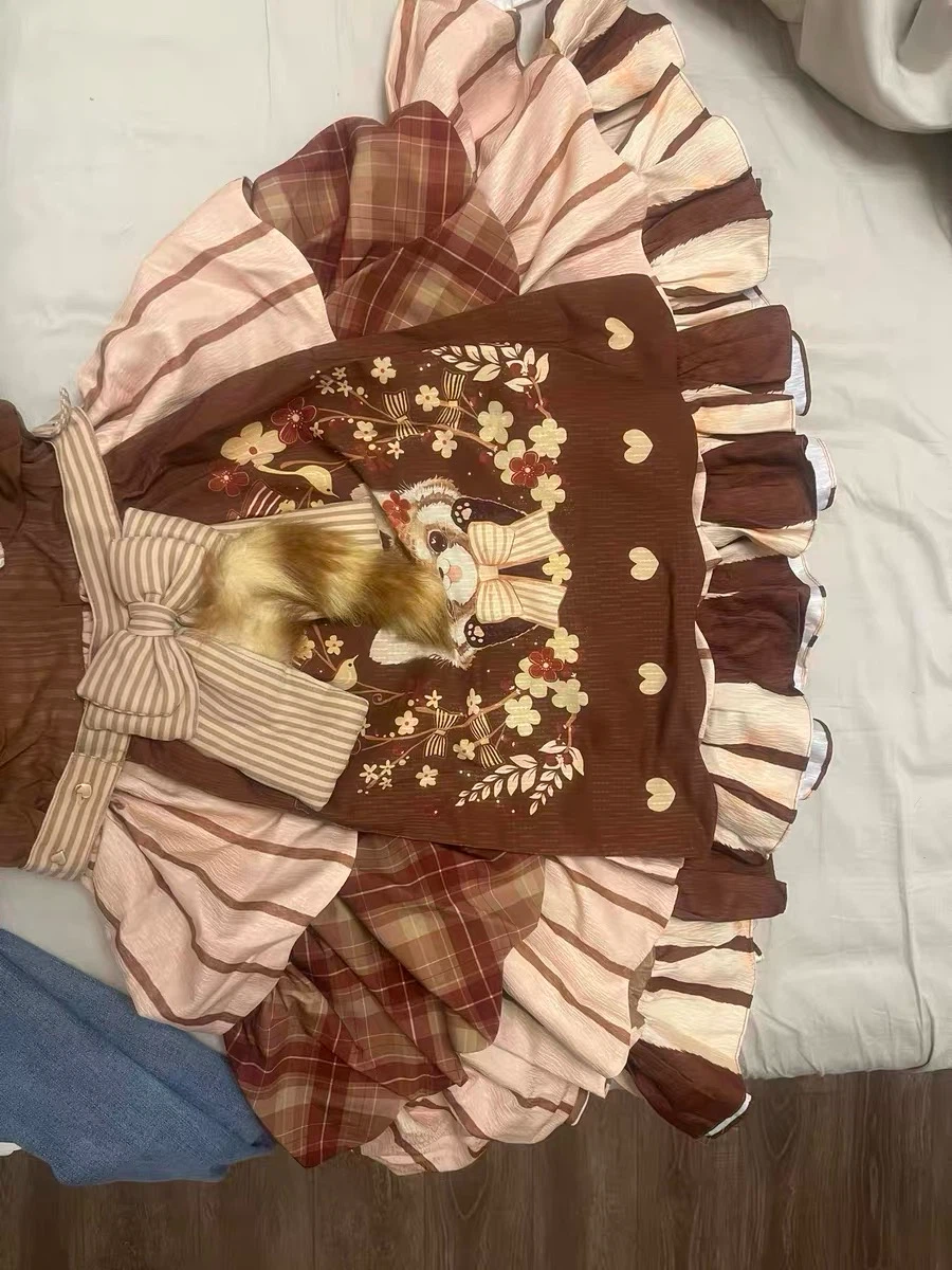 Lolita Style Brown Red Panda Print Dress - photo 2