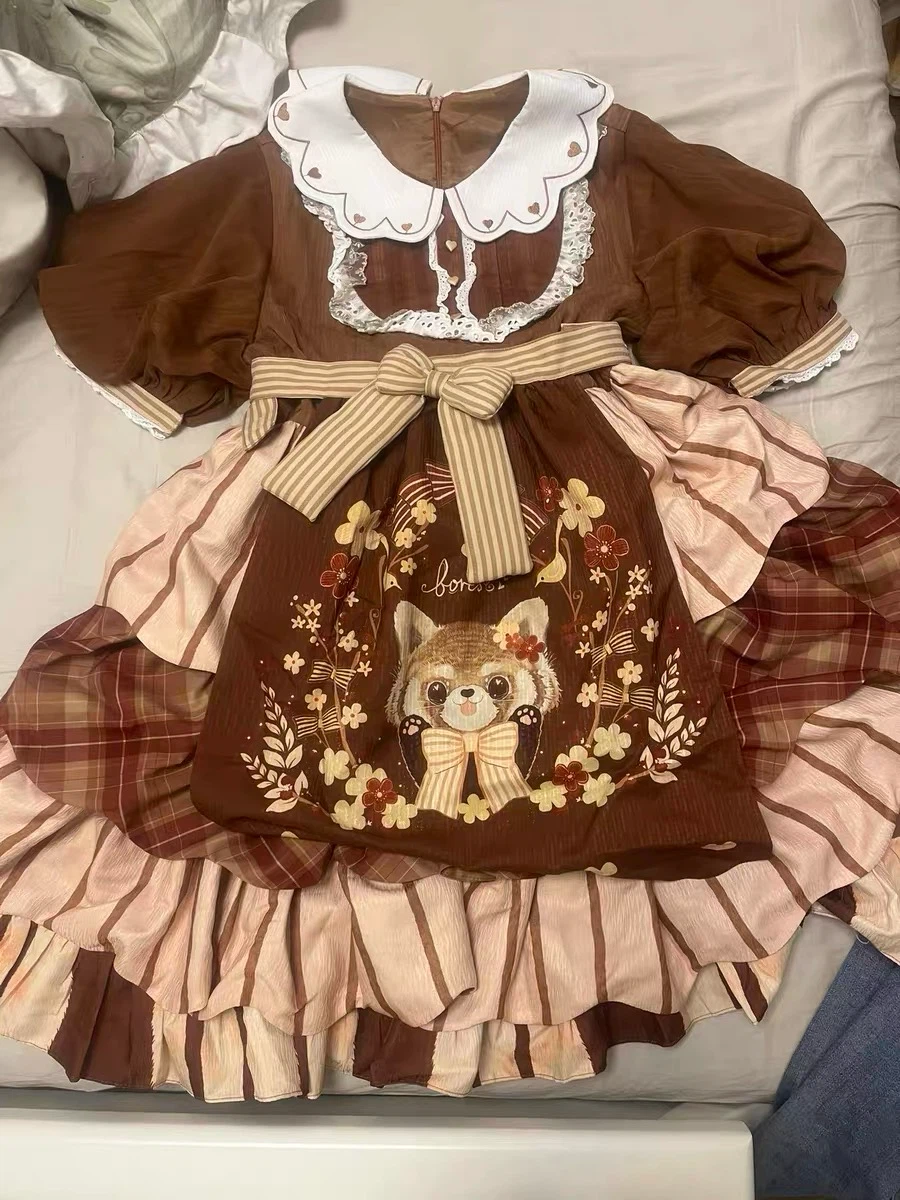 Lolita Style Brown Red Panda Print Dress - photo 3