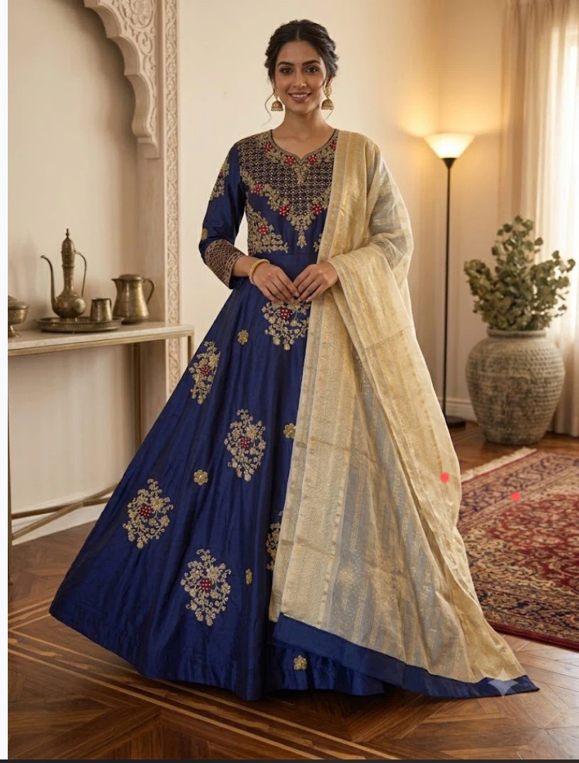 3 piece Blue Embroidered Anarkali Gown with Dupatta