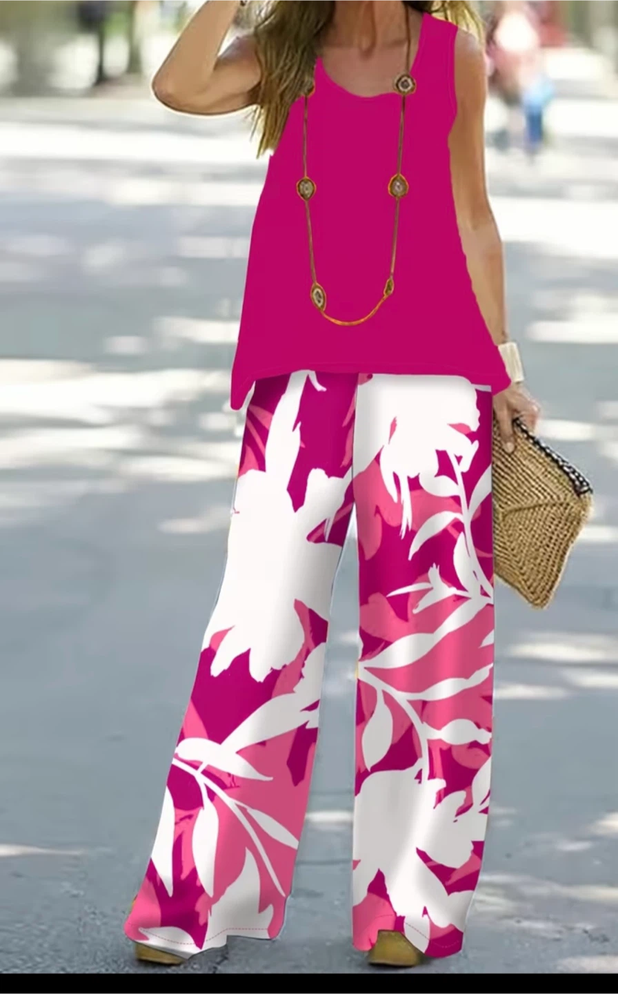 Pink Floral Tank Top and Wide Leg Pant Set